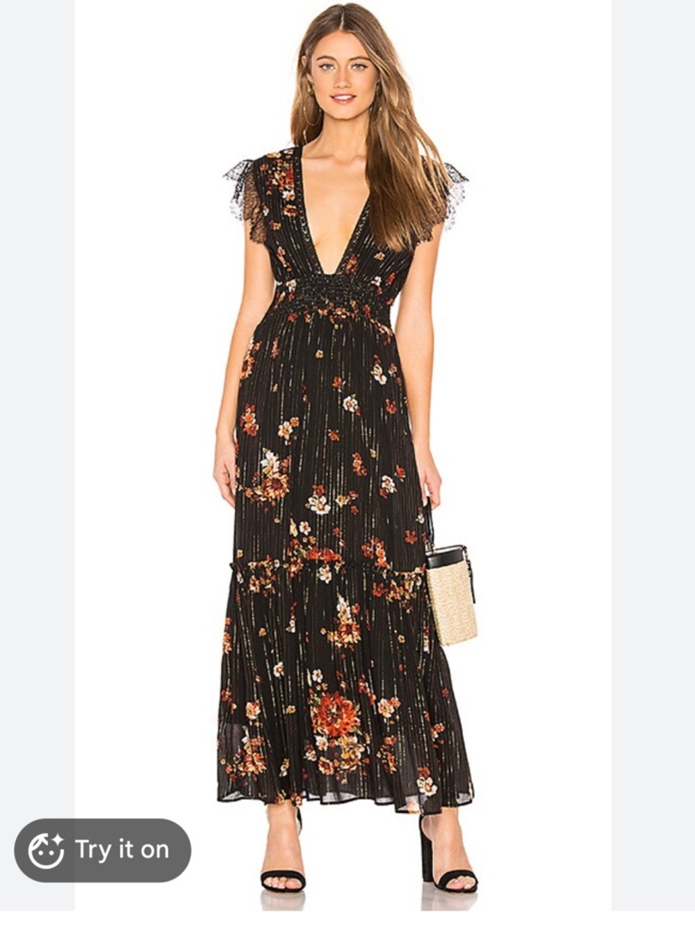 BLUE LIFE - DEEP V BLACK FLORAL METALLIC MAXI DRESS - SIZE XS